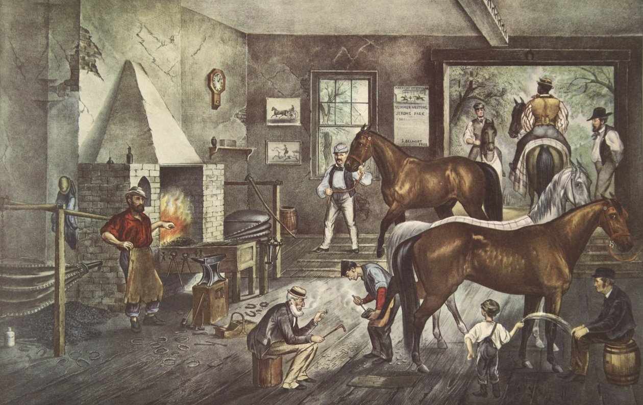 Klusácké trhliny v kovárně, hospoda. 1869, Currier & Ives od American School
