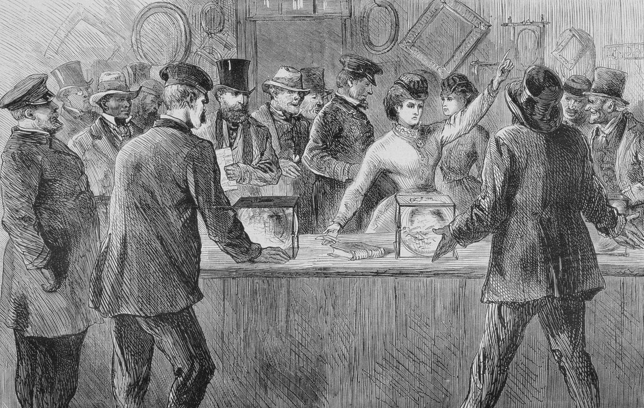 Victoria Woodhull (1838-1927) při pokusu o hlasování, 1871 od American School