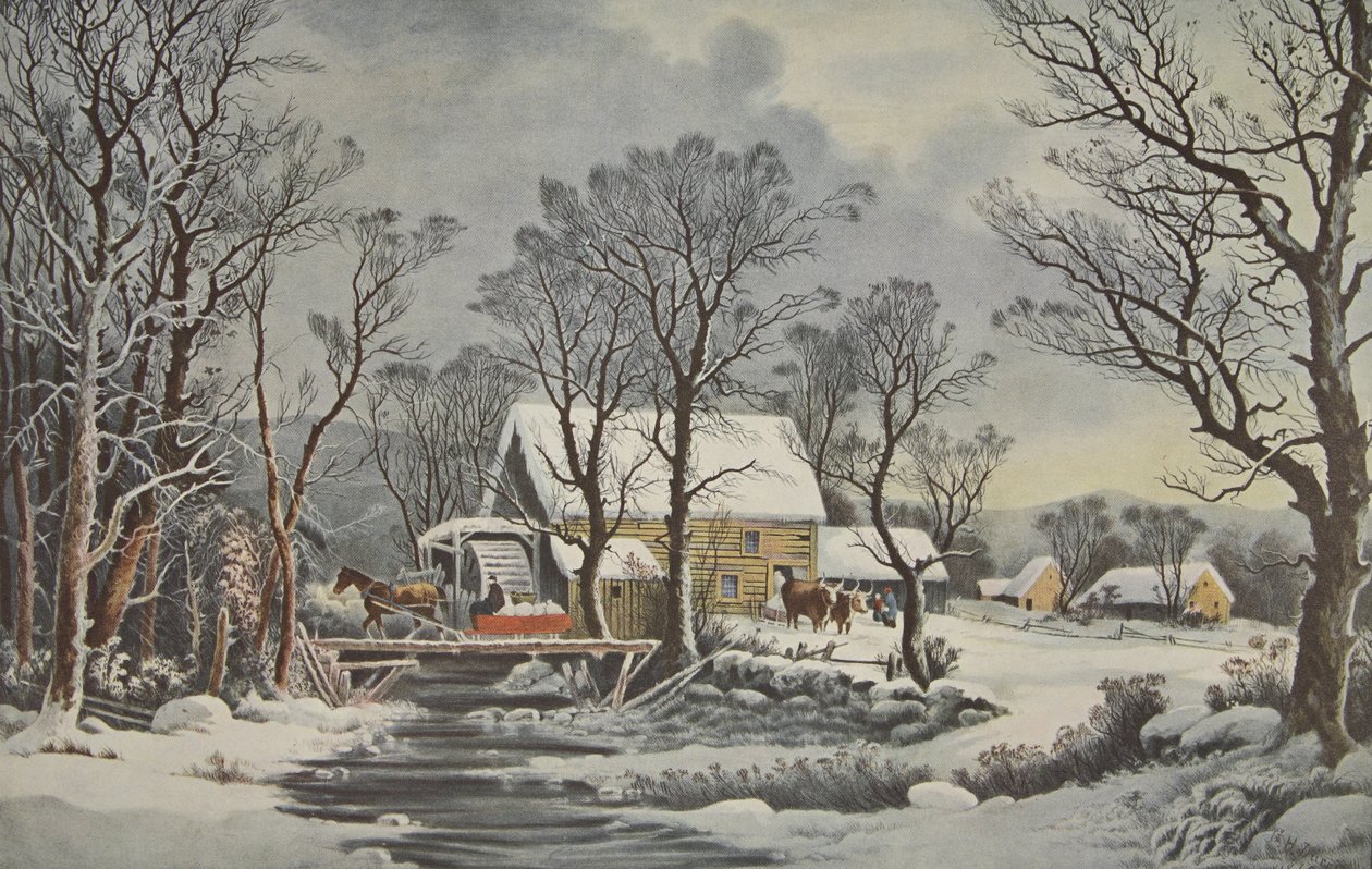 Winter In The Country - The Old Grist Mill, hospoda. 1864, Currier & Ives od American School