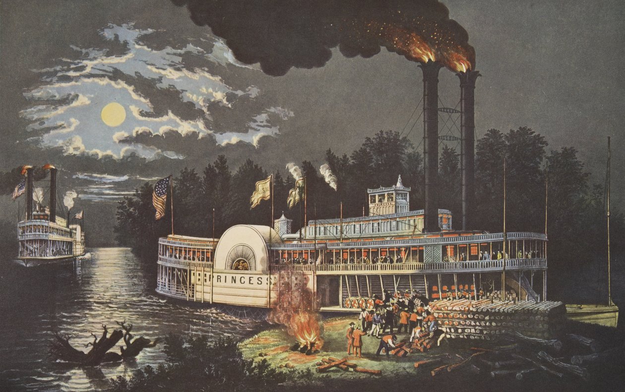 Wooding Up On The Mississippi, hospoda. 1863, Currier & Ives od American School