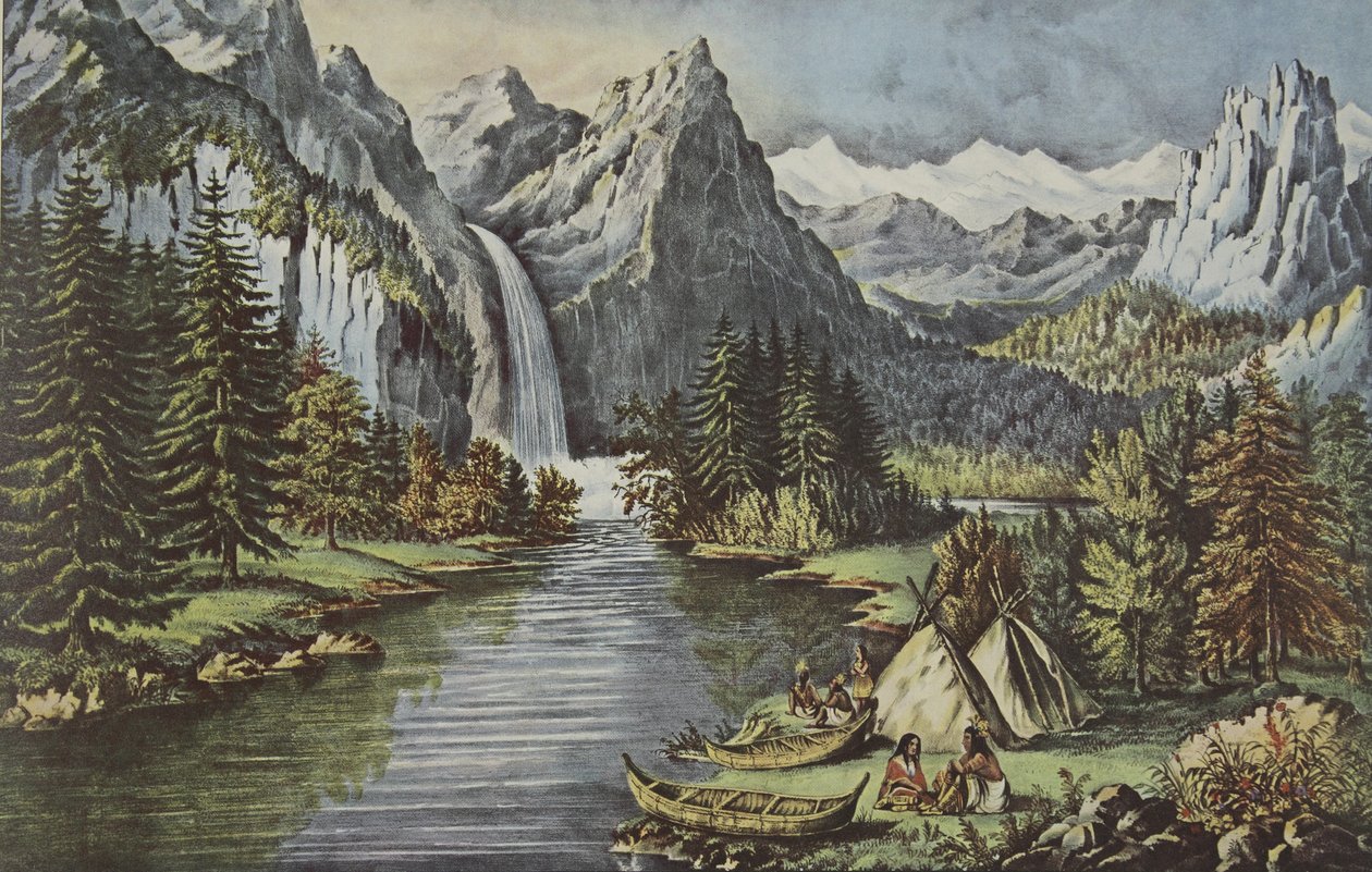 Yosemitské údolí - Kalifornie, hospoda. 1866, The Bridal Veil Fall, Currier & Ives od American School