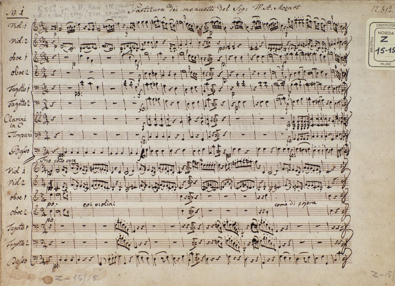 Strana hudební partitury menuetů v 5 kadencích pro klavír, K 568 od rakouského skladatele Wolfganga Amadea Mozarta (1756-1791) od Austrian School