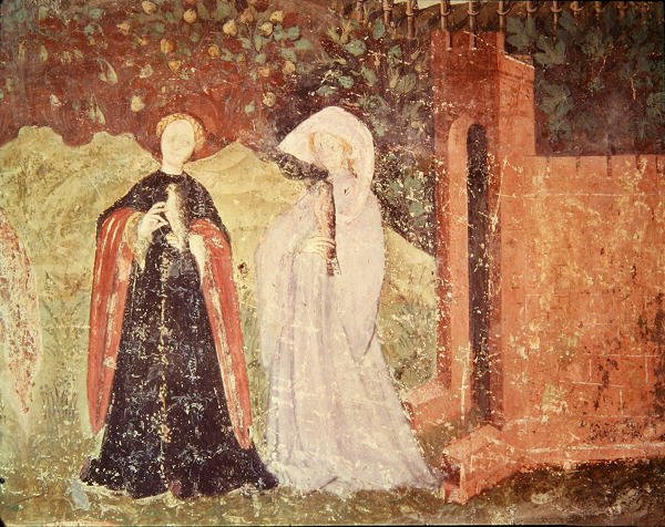 Měsíc červen, detail dvou žen na procházce, kolem roku 1400 od Bohemian School