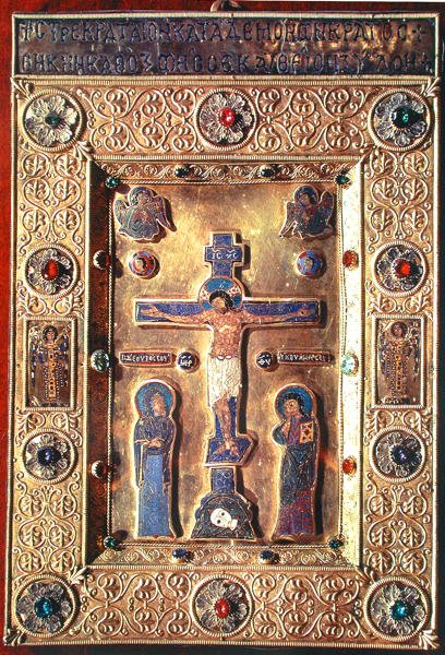 Deska s vyobrazením Ukřižování s Pannou Marií a sv. Janem Křtitelem (zlato, smalt a drahé kameny) od Byzantine