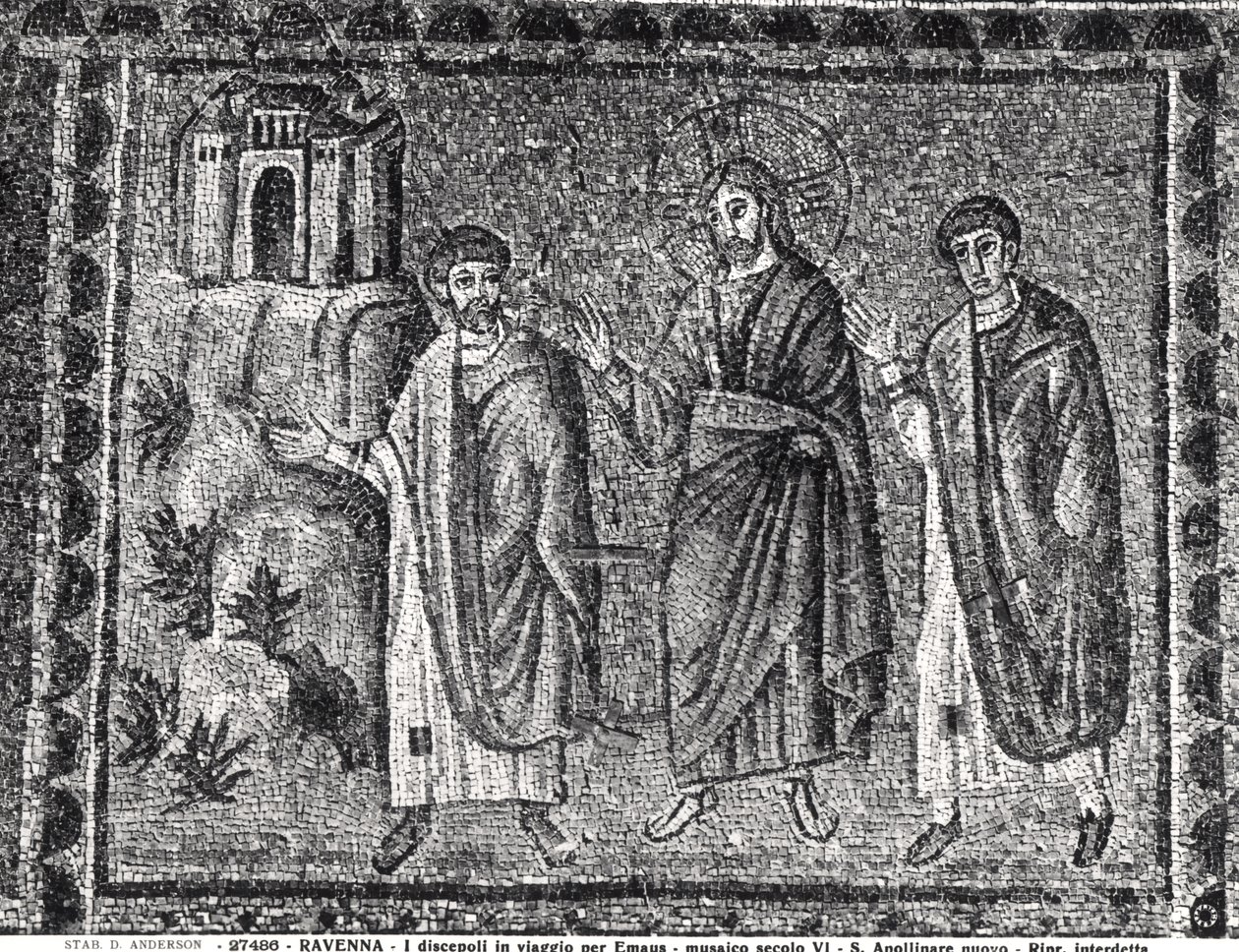 Kristus na cestě do Emauz (mozaika) od Byzantine School