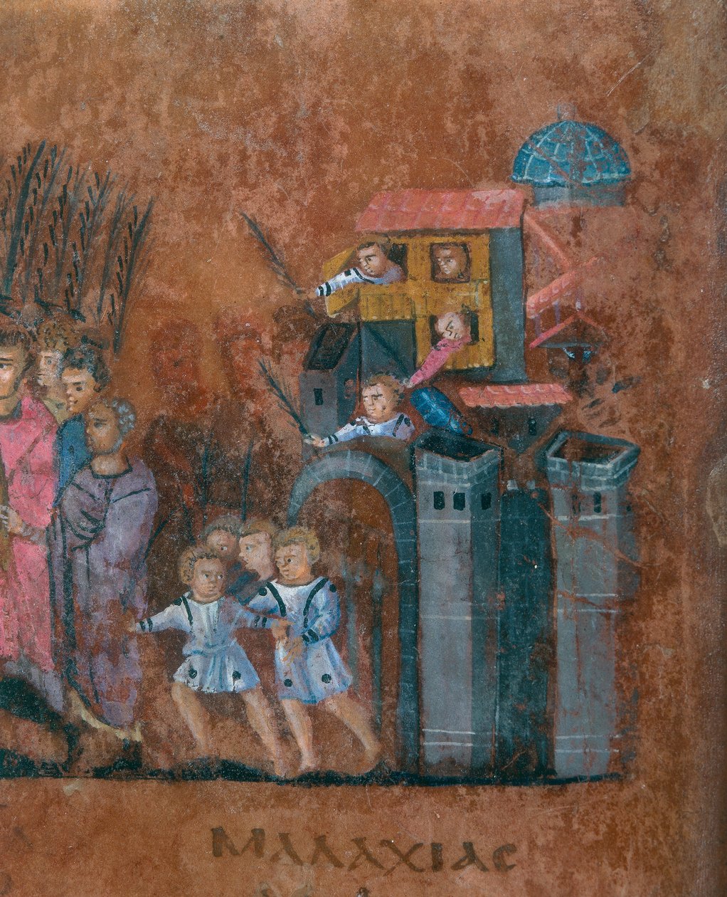 Detail folia z Codex Purpureus Rossanensis, miniatura řeckého evangelisty v jednom skriptoriu pravděpodobně z Antiochie v Sýrii nebo Cesareje Palestina. Uchováváno v Diecézním muzeu v Rossanu v od Byzantine School