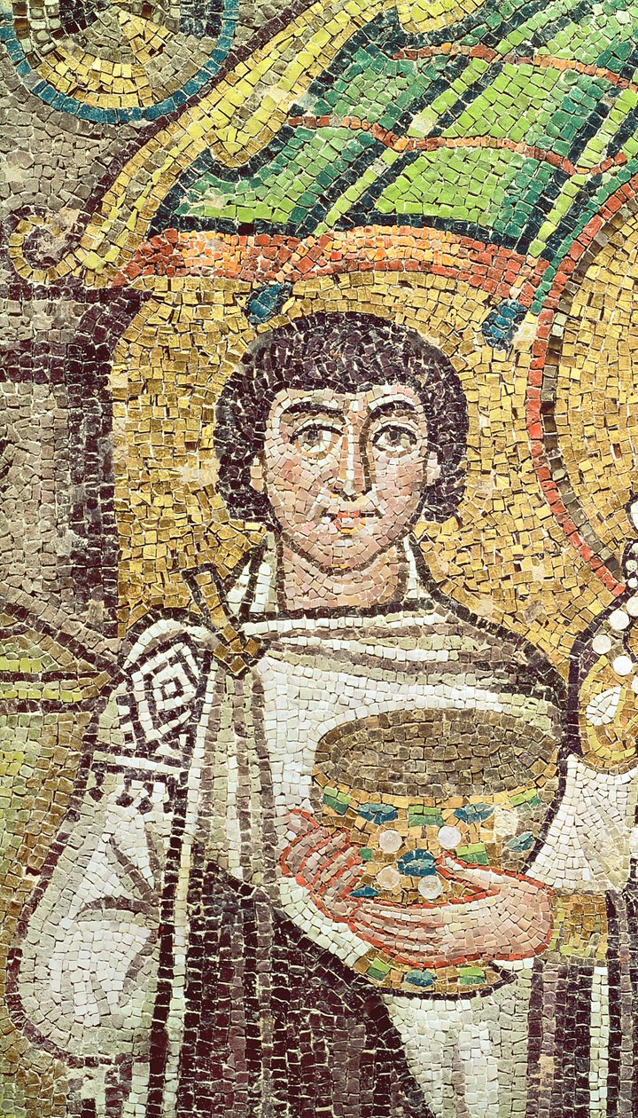 Císařovna Theodora se svým dvorem dvou ministrů a sedmi žen, kolem roku 547 našeho letopočtu (mozaika) (detail 220592) od Byzantine School