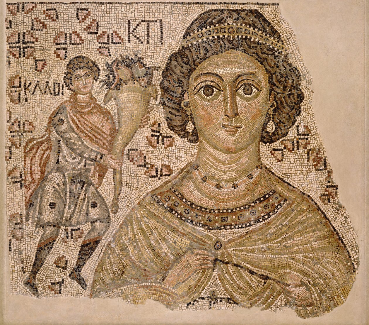 Fragment podlahové mozaiky s personifikací Ktisis, 500-550 (mramor a sklo) od Byzantine School