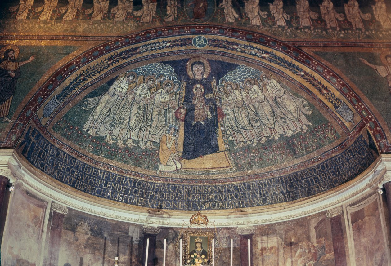 Papež Paschal I (817-24) u nohou Panny Marie s dítětem, z apsidy (mozaika) od Byzantine School