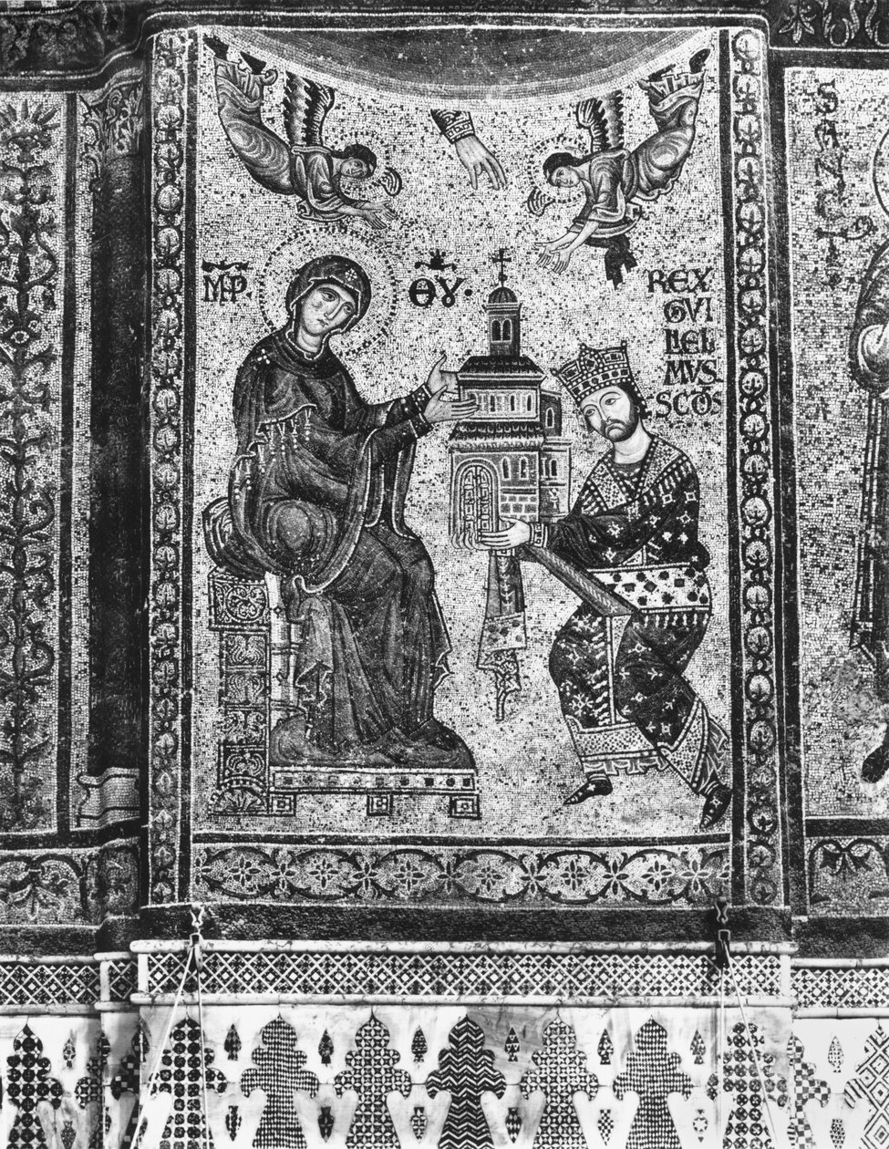Sicílský král Vilém II. nabízí kostel Monreale Panně Marii (mozaika) od Byzantine School