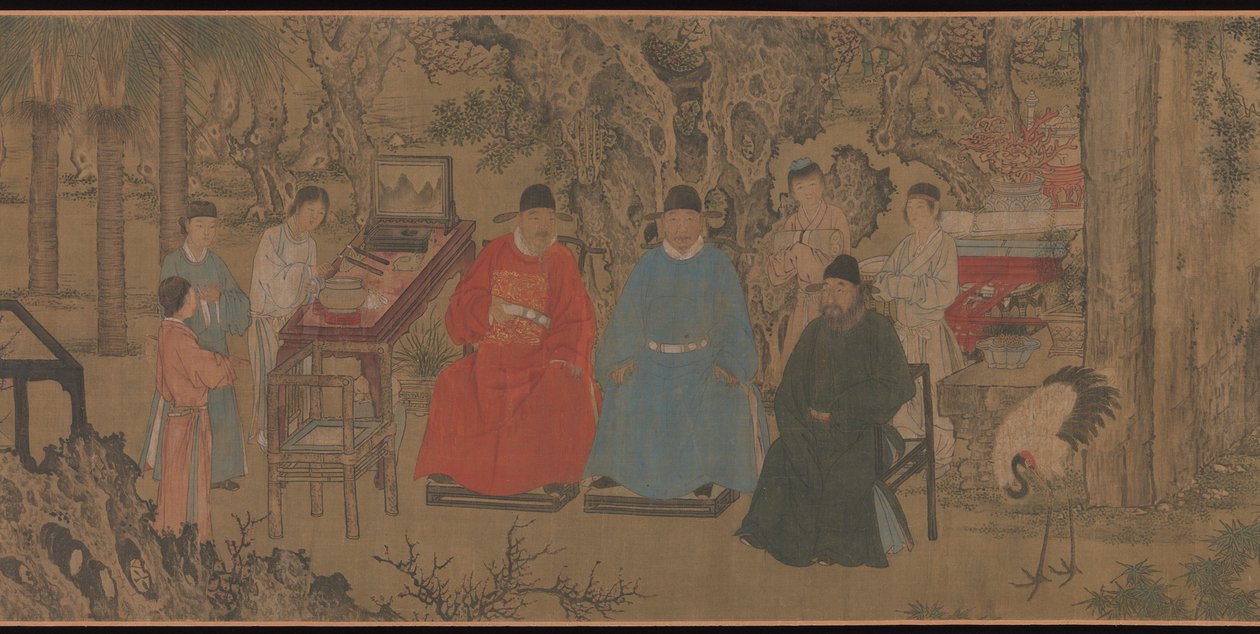 Elegantní setkání v meruňkové zahradě, handscroll, cca 1437 (inkoust a barva na hedvábí) od Chinese School