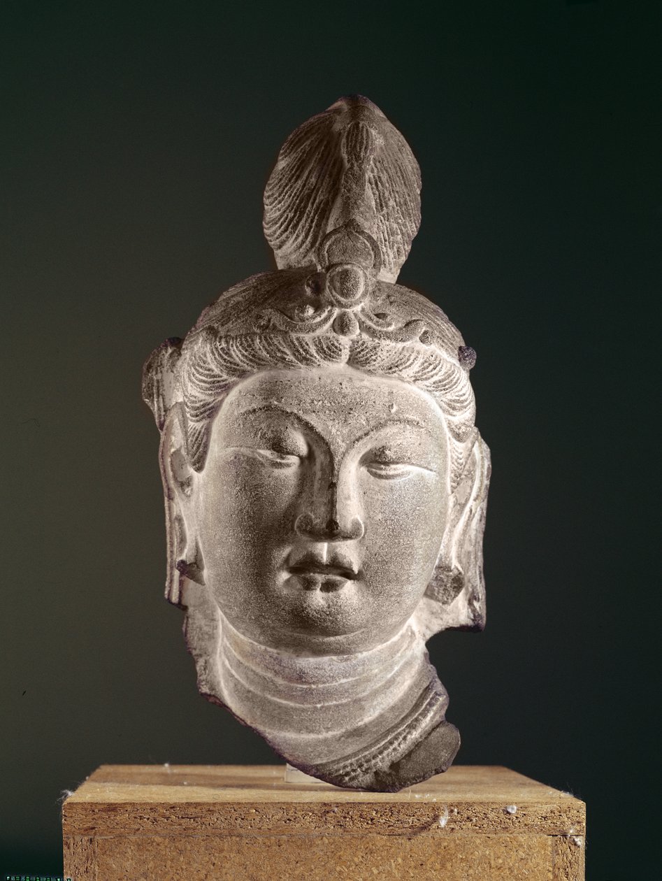 Hlava bódhisattvy, dynastie Tang (618-907), kolem 710 (pískovec a pigment) od Chinese School