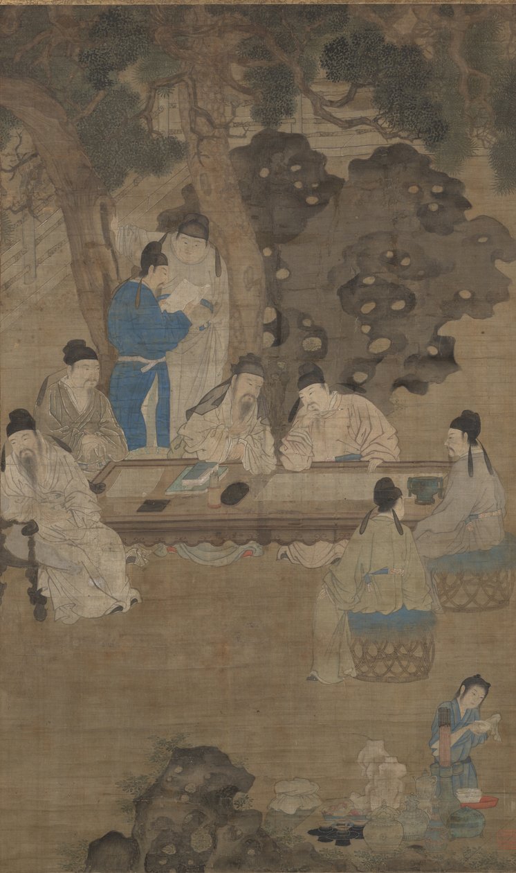 Osmnáct učenců z Tang, 17. století (inkoust, barva a hedvábí) od Chinese School