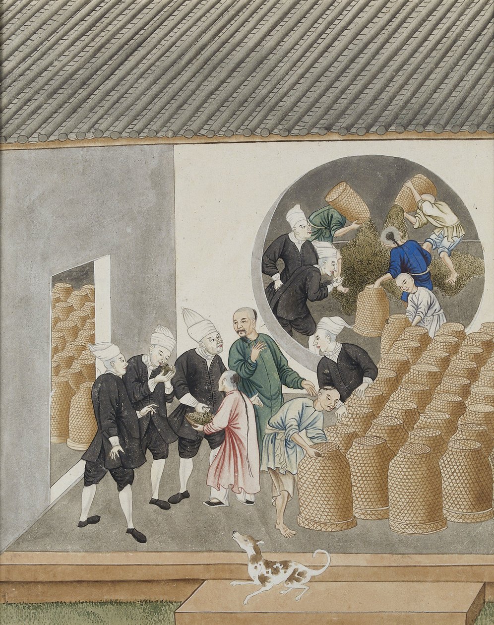 Turbanovaní nizozemští obchodníci s VOC voní čaj pro kvalitu ve skladu čaje v Kantonu (Guangzhou), kolem roku 1770 od Chinese School