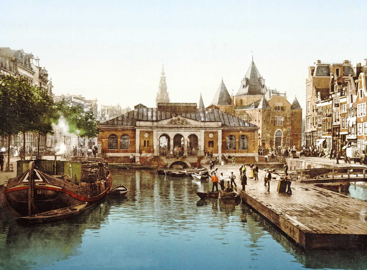 Fishmarket and Bourse, Amsterdam, Nizozemsko, pub.c. 1900 (chromolirograf) od Dutch Photographer