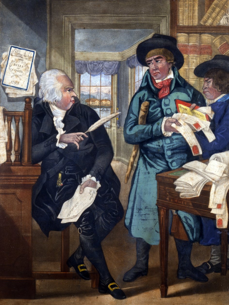 A Bailiff and an Attorney - A Match for the Devil, cca 1780, vytiskl a prodal Carington Bowles, 1793 (ručně kolorovaná mezzotinta) od English School
