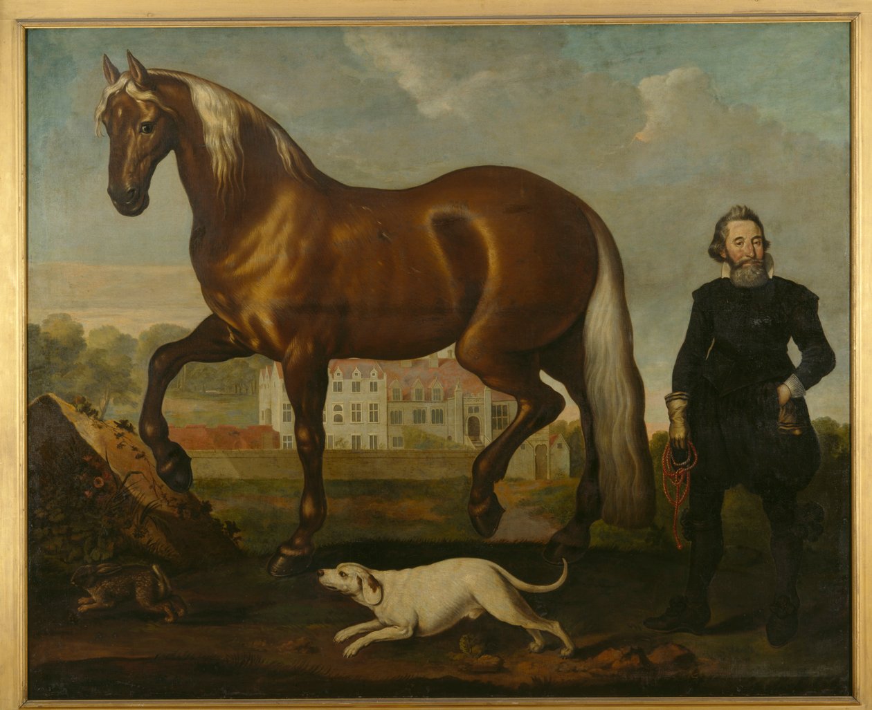 Bay Horse s výhledem na opatství Welbeck – západní fronta, kolem roku 1630 od English School