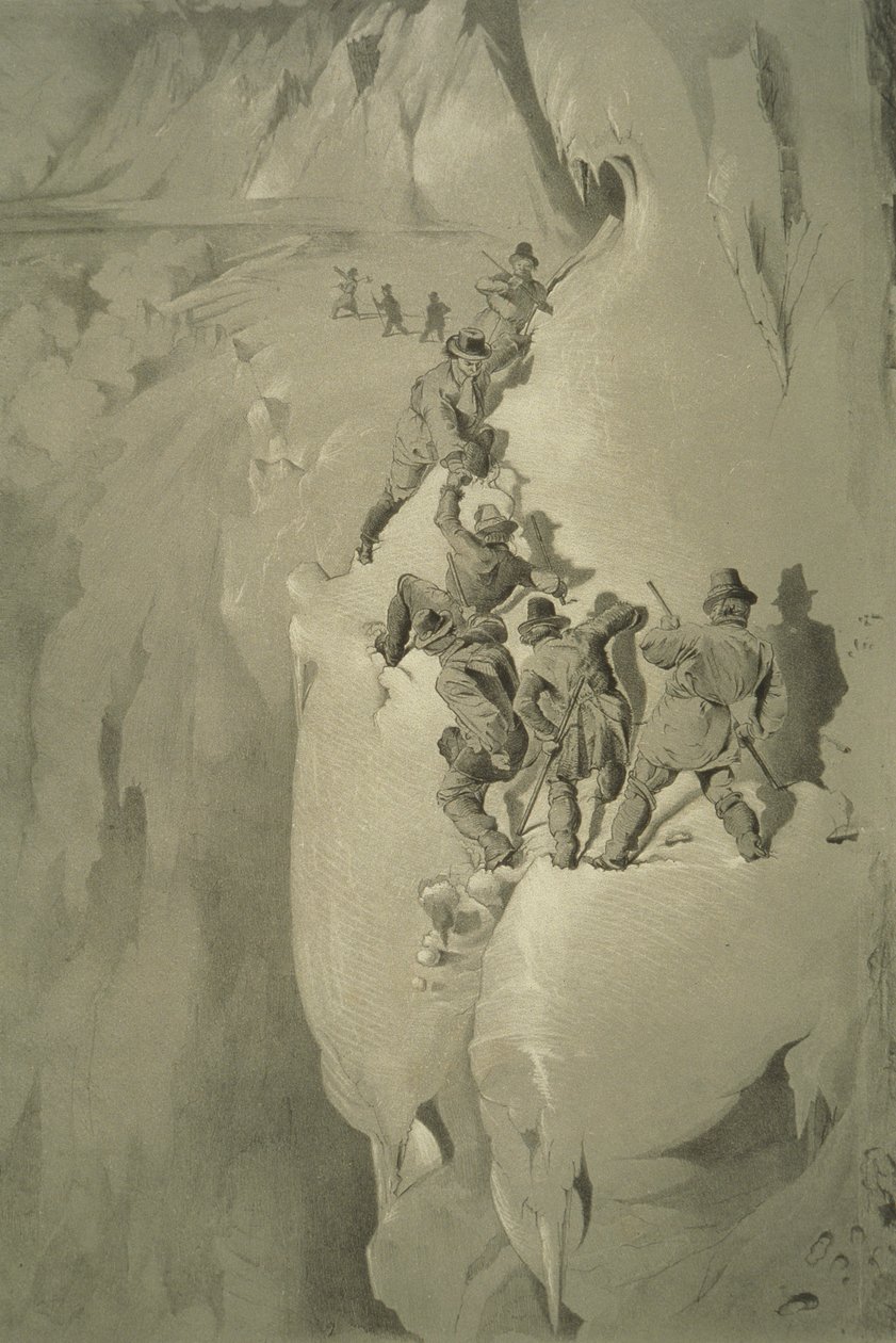Nebezpečný kout, z deseti scén z posledního výstupu na Mont Blanc včetně pěti pohledů ze summitu, od J.D.H. Browne, publikoval 1853 od English School