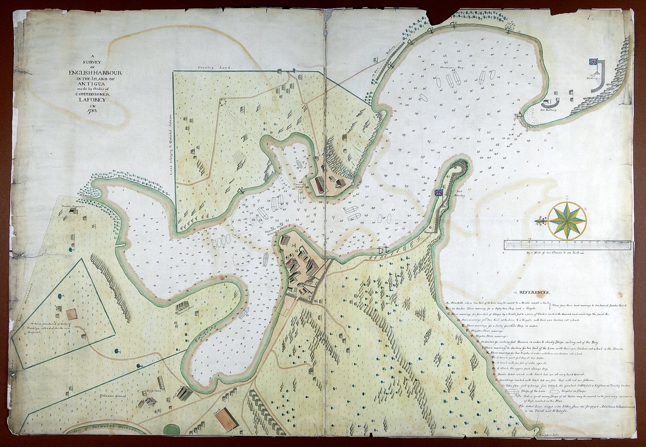 Průzkum anglického přístavu na ostrově Antigua provedený na příkaz komisaře Laforeyho v roce 1783 od English School