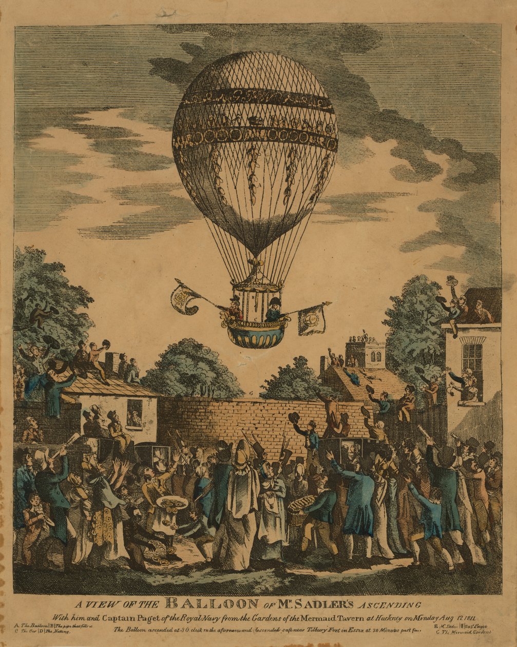 Pohled na balón pana Sadlerse stoupajícího s ním a kapitánem Pagetem z Royal Navy ze zahrad Mermaid Tavern v Hackney v pondělí 12. srpna 1811 od English School
