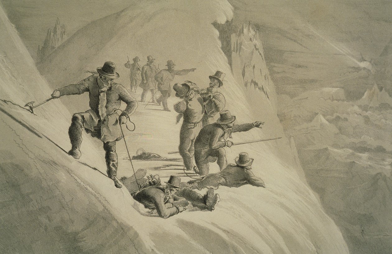 Obdivování výhledu z deseti scén z posledního výstupu na Mont Blanc včetně pěti pohledů z vrcholku od J.D.H. Browne, publikoval 1853 od English School