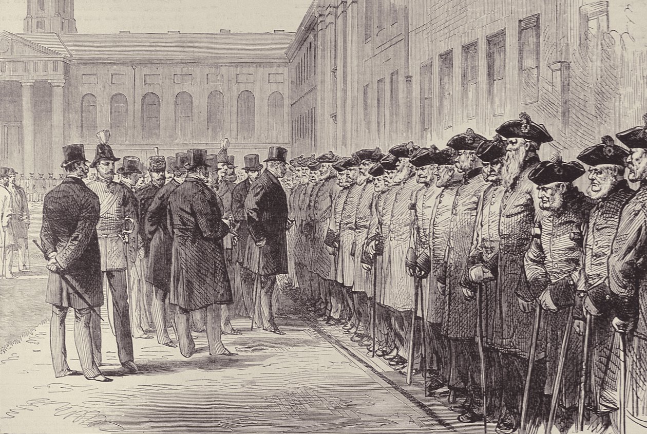 Dvousté výročí nemocnice Chelsea: Duke of Cambridge Inspecting the Pensioners, z The Illustrated London News, 25. února 1882 od English School