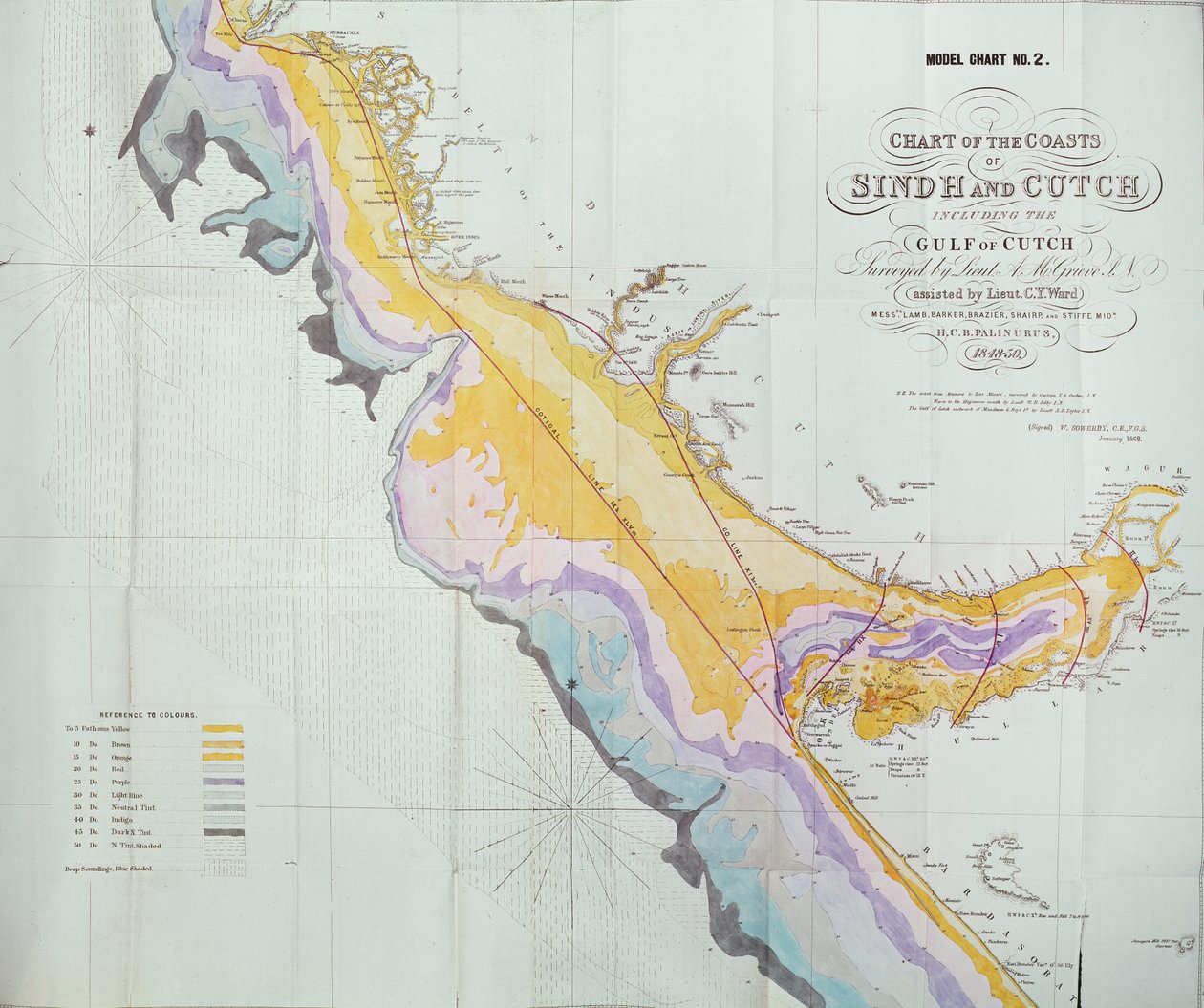 Map of the Coasts, Sindh and Cutch, Surveyed by Lieutenant A. M. Grieve, 1848-50, 1868 od English School