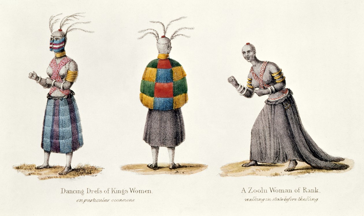Taneční šaty královských žen a hodnosti Zuluské ženy, ilustrace z Vyprávění o cestě do země Zulu od A.F. Gardinera, 1836 od English School
