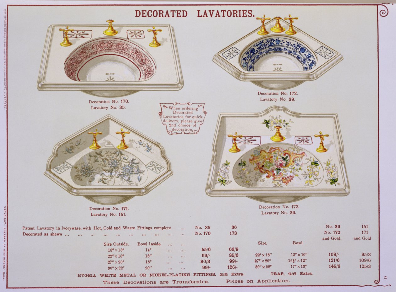 Decorated Lavatories z katalogu sanitárního zboží vyrobeného společností Morrison, Ingram & Co., Manchester, vydaného kolem roku 1890 od English School