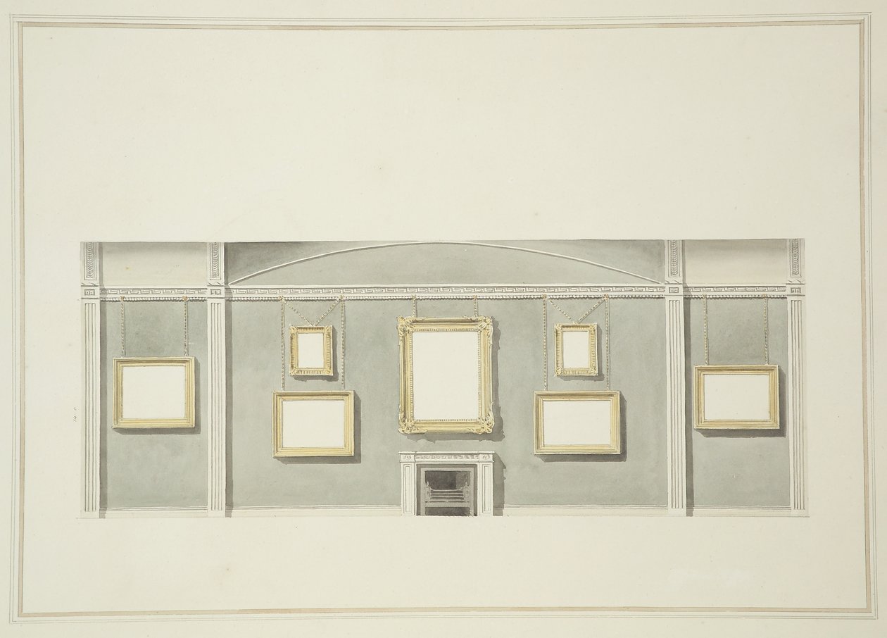 Návrhy obrazu visí na jedné z dlouhých zdí Sir John Leicesters Gallery, Hill Street, cca 1806 (wc přes tužku na papíře) od English School