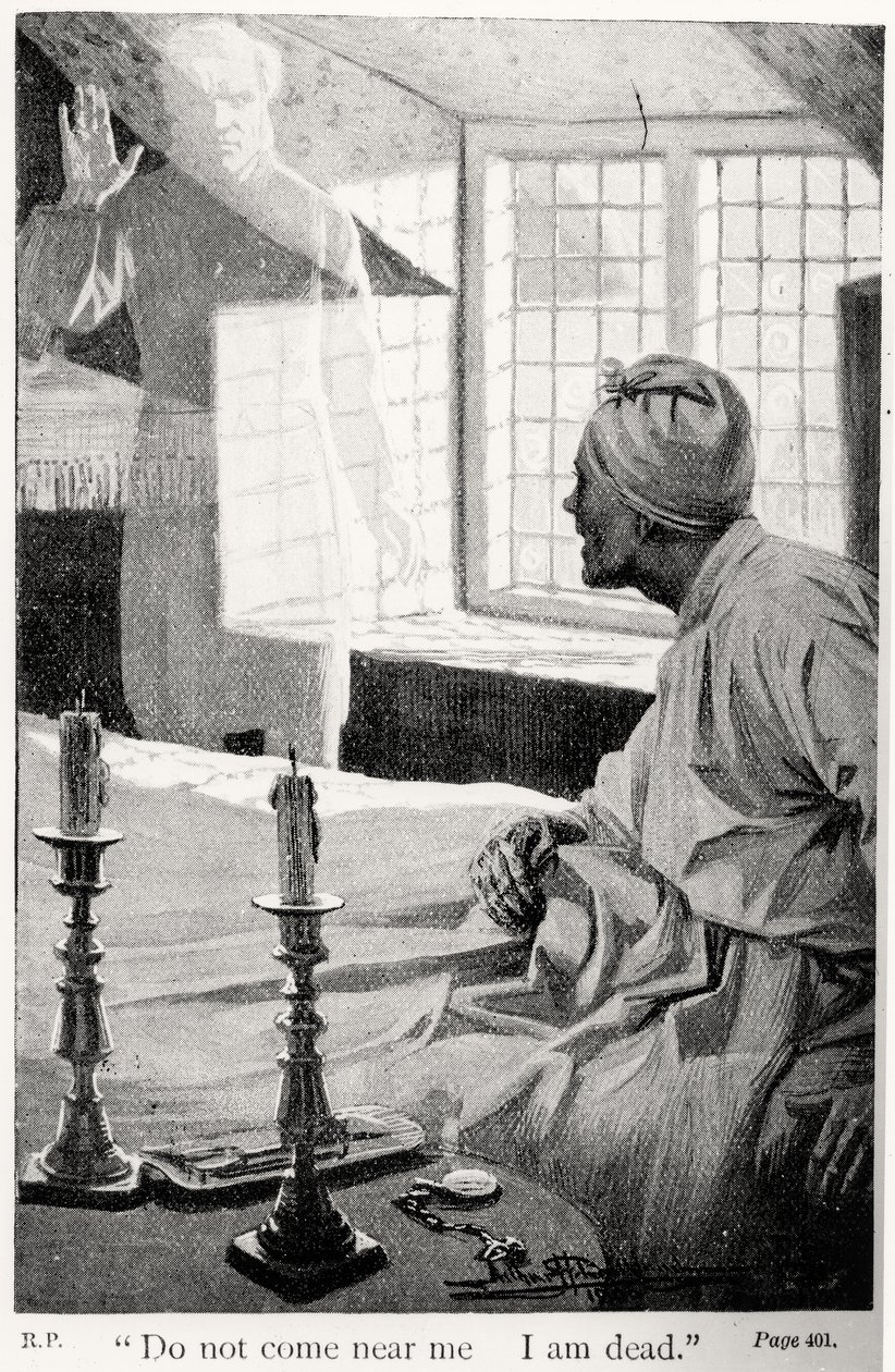 Nepřibližujte se ke mně, jsem mrtvý, ilustrace z Vánoční koledy od Charlese Dickense (1812-70) od English School