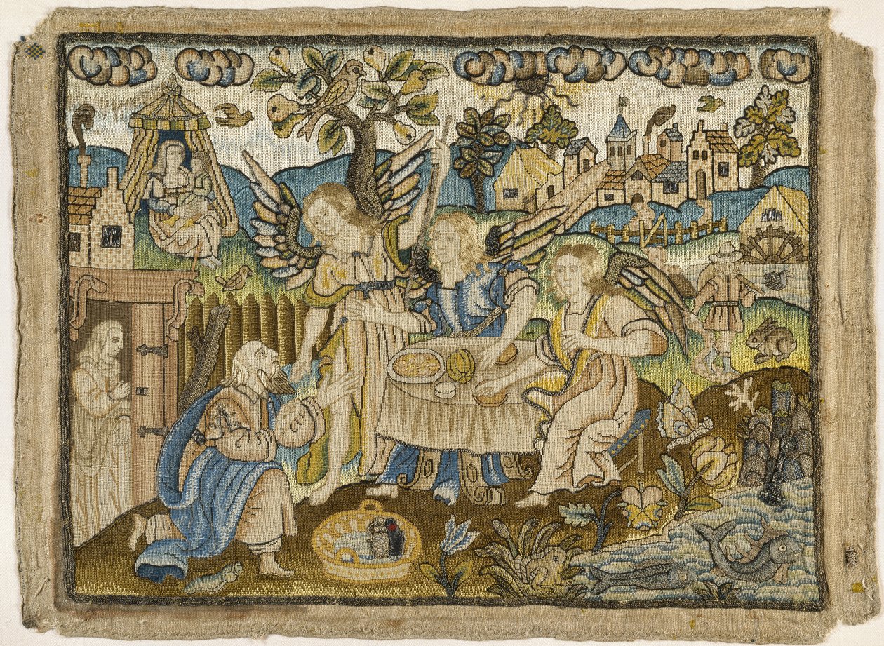 Vyšívaný obrázek: Abraham baví anděly, 2. polovina 17. století (hedvábné a kovové nitě na plátně) od English School