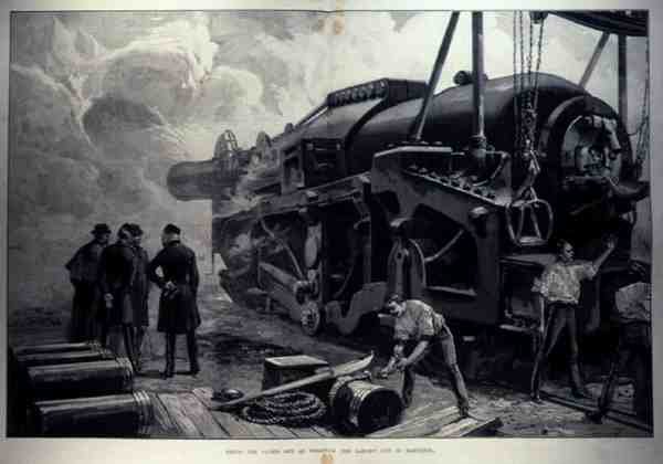 Střelba ze 111tunové zbraně na Woolwich (největší dělo na světě), z The Illustrated London News, 11. června 1887 od English School