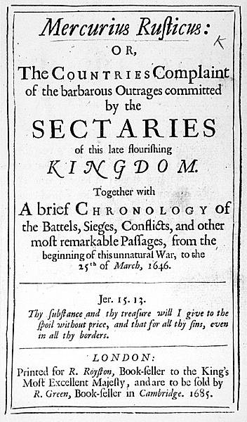 Titulní strana z knihy Mercurius Rusticus, vydané v roce 1685 od English School