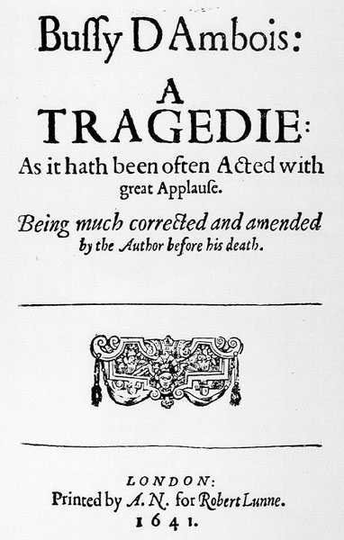 Frontispis k Bussy DAmbois: Tragedy, 1641 od English School