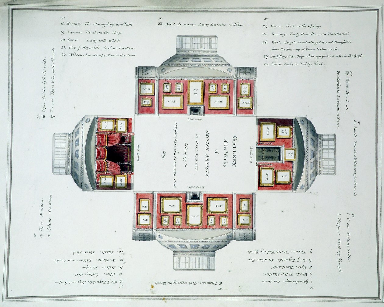 Závěsný plán Sir John Leicesters Gallery, Hill Street, kolem 1806 (wc přes tužku na papíře) od English School