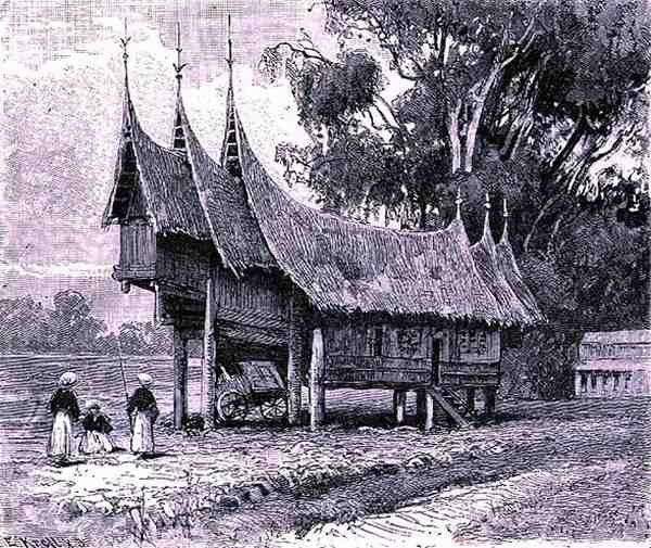 Dům na střední Sumatře, vyrytý E. Krellem, z Historie lidstva, sv. 1, od prof. Friedricha Ratzela, 1896 od English School