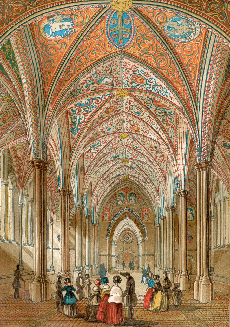 Interiér chrámového kostela, Londýn, Anglie, ze staré Anglie: Obrazové muzeum, hospoda. 1847 od English School