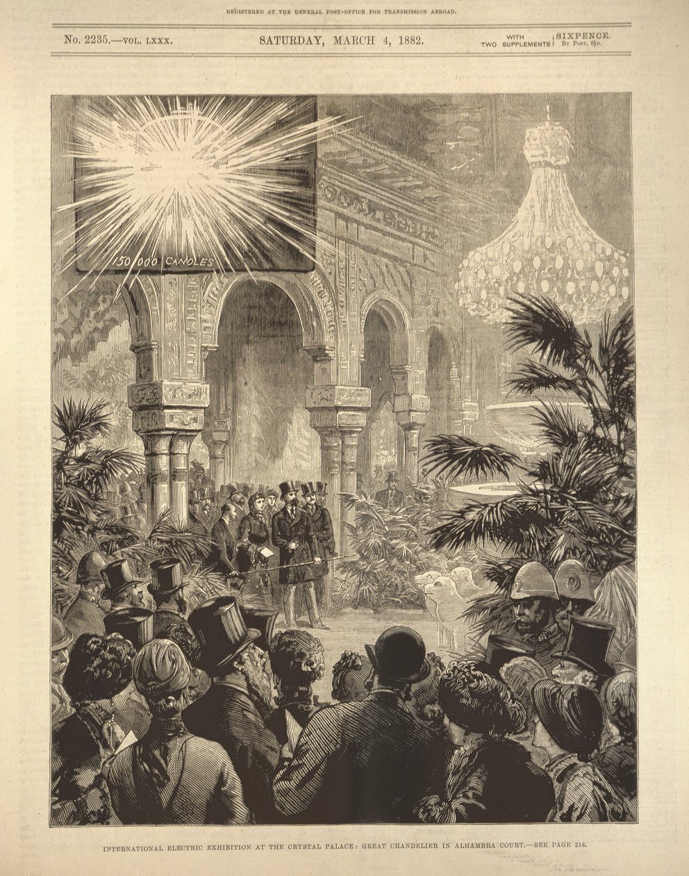 Mezinárodní elektrická výstava v Crystal Palace: Velký lustr v Alhambra Court, z The Illustrated London News, 4. března 1882 od English School