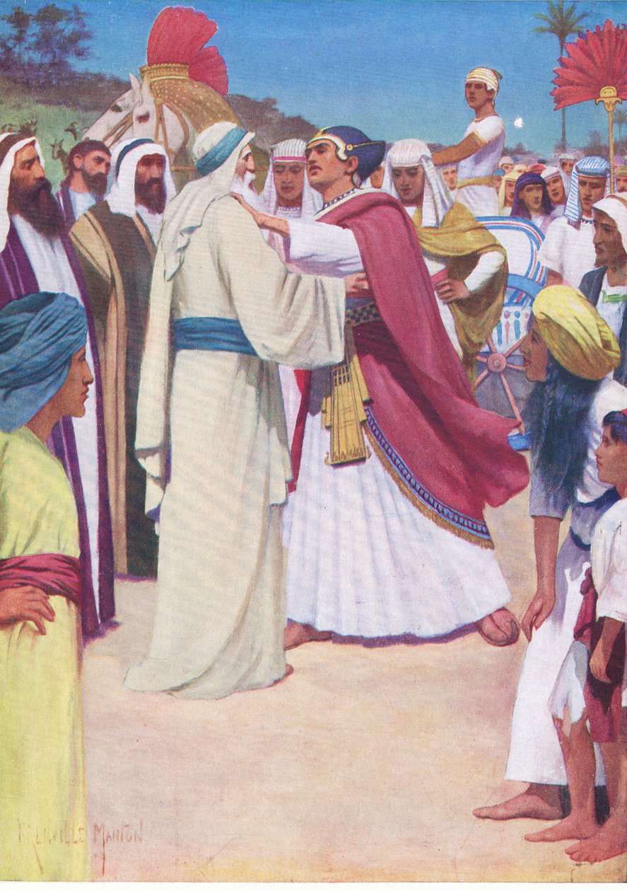 Jacob a Joseph se setkávají, z knihy The Bible Picture Book vydané Thomasem Nelsonem kolem roku 1950 od English School