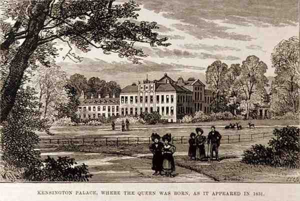 Kensingtonský palác, kde se narodila královna, jak se zdálo v roce 1831, z The Illustrated London News, 19. června 1886 od English School