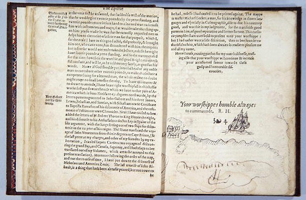 Listy 3v & 4r, z Divers Voyages Touching the Discouerie of America... 1582 (knihtisk) od English School