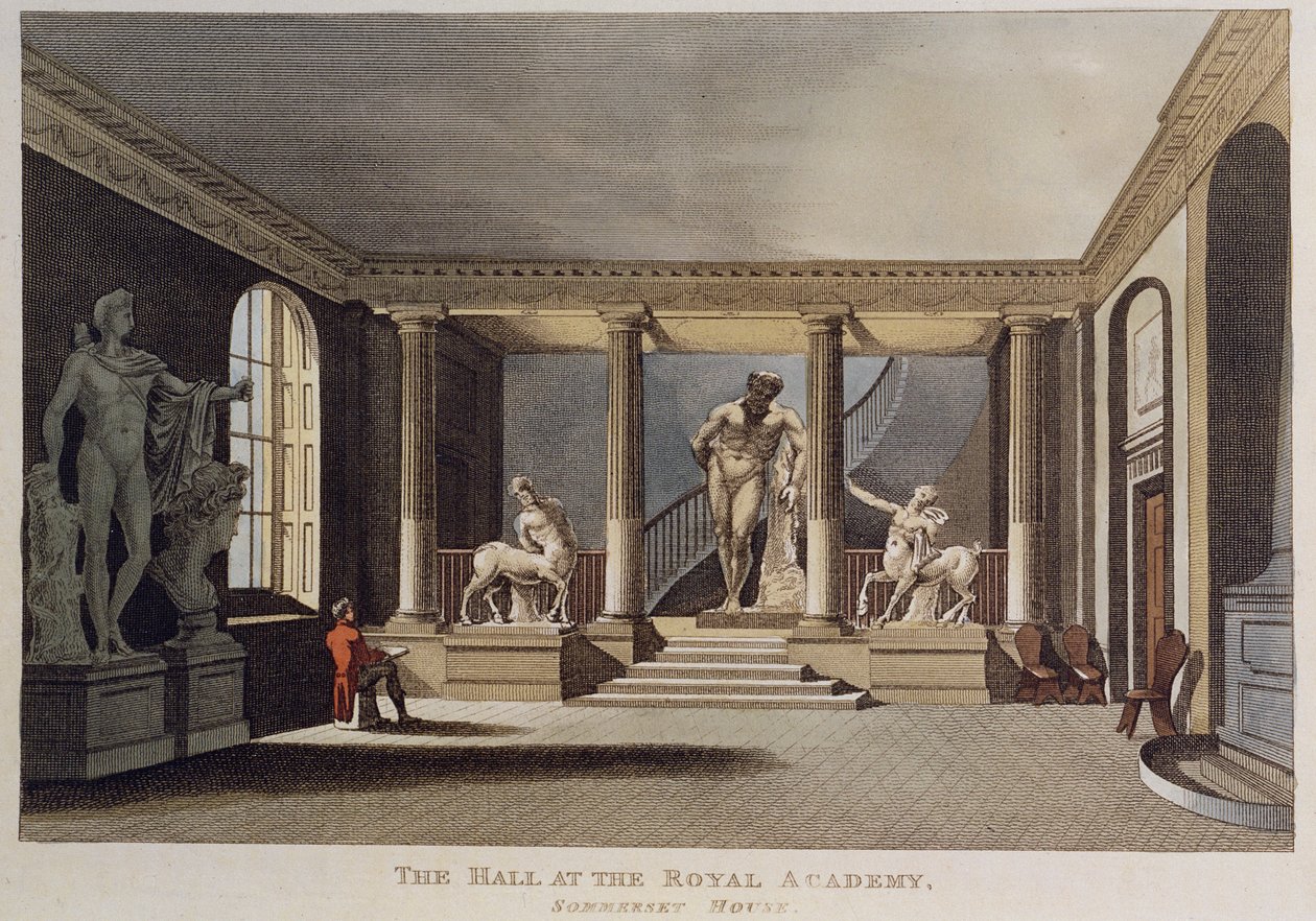 Muž kreslící sochu v sále Královské akademie umění v Somerset House, 1810 od English School