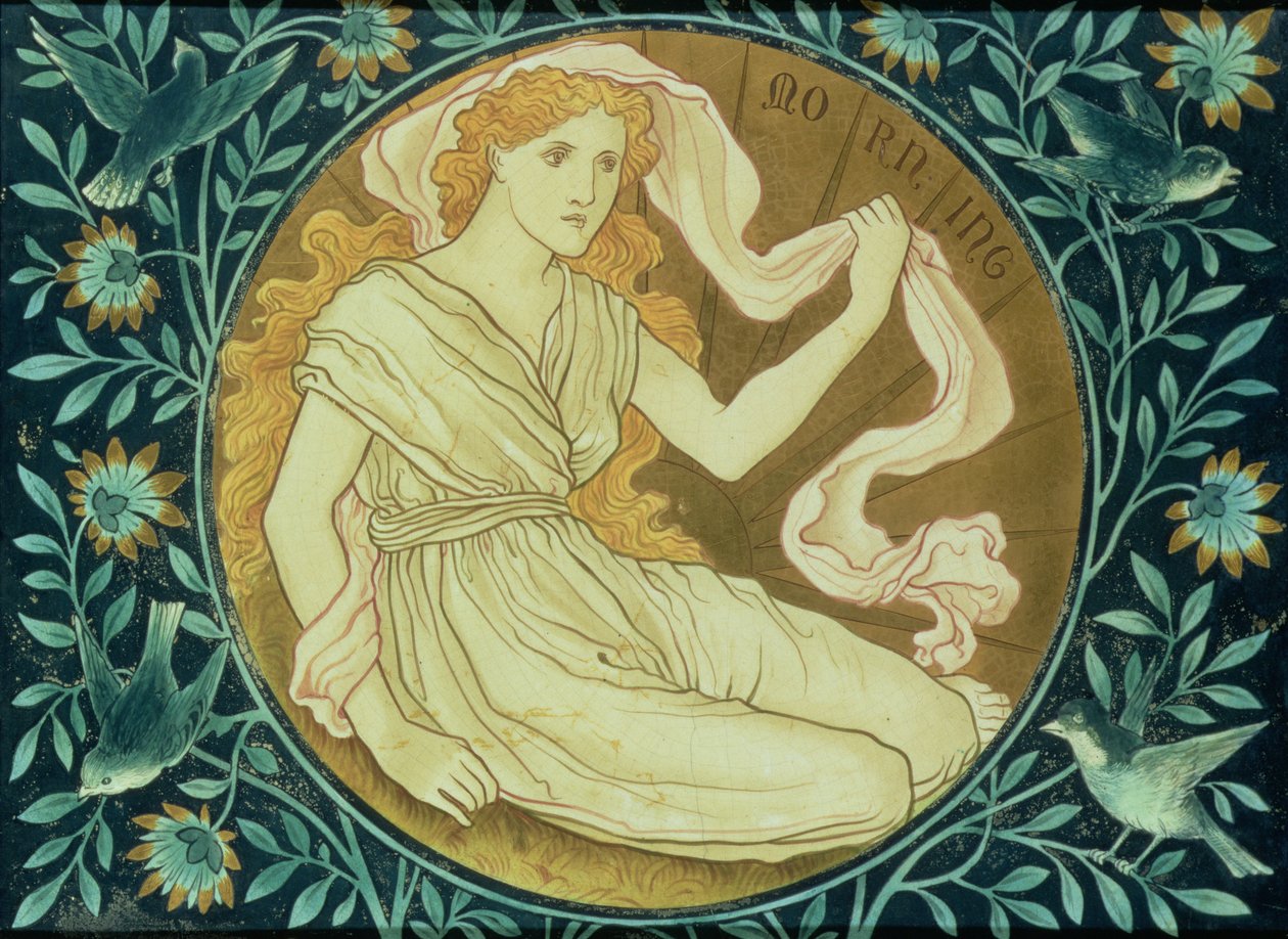 Ráno, panel zdobený alegorickou postavou představující vycházející slunce, vyrobený Shrigley & Hunt, 1876 (keramika) od English School