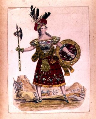 Paní Egertonová v roli Helen Macgregorové, manželky Roba Roye Macgregora z dramatizace románu Rob Roy od Sira Waltera Scotta, hospoda. od A. Parka, 1823 (rytina a koláž) od English School