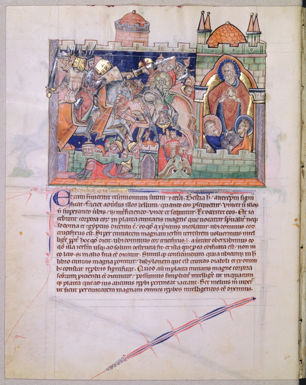 Paní L.A. 139-Lisboa fol. 26v Chrám Boží je zachován, zatímco armáda národů pustoší dvůr po dobu 42 měsíců, od Gulbenkianovy apokalypsy, kolem 1265-70 od English School