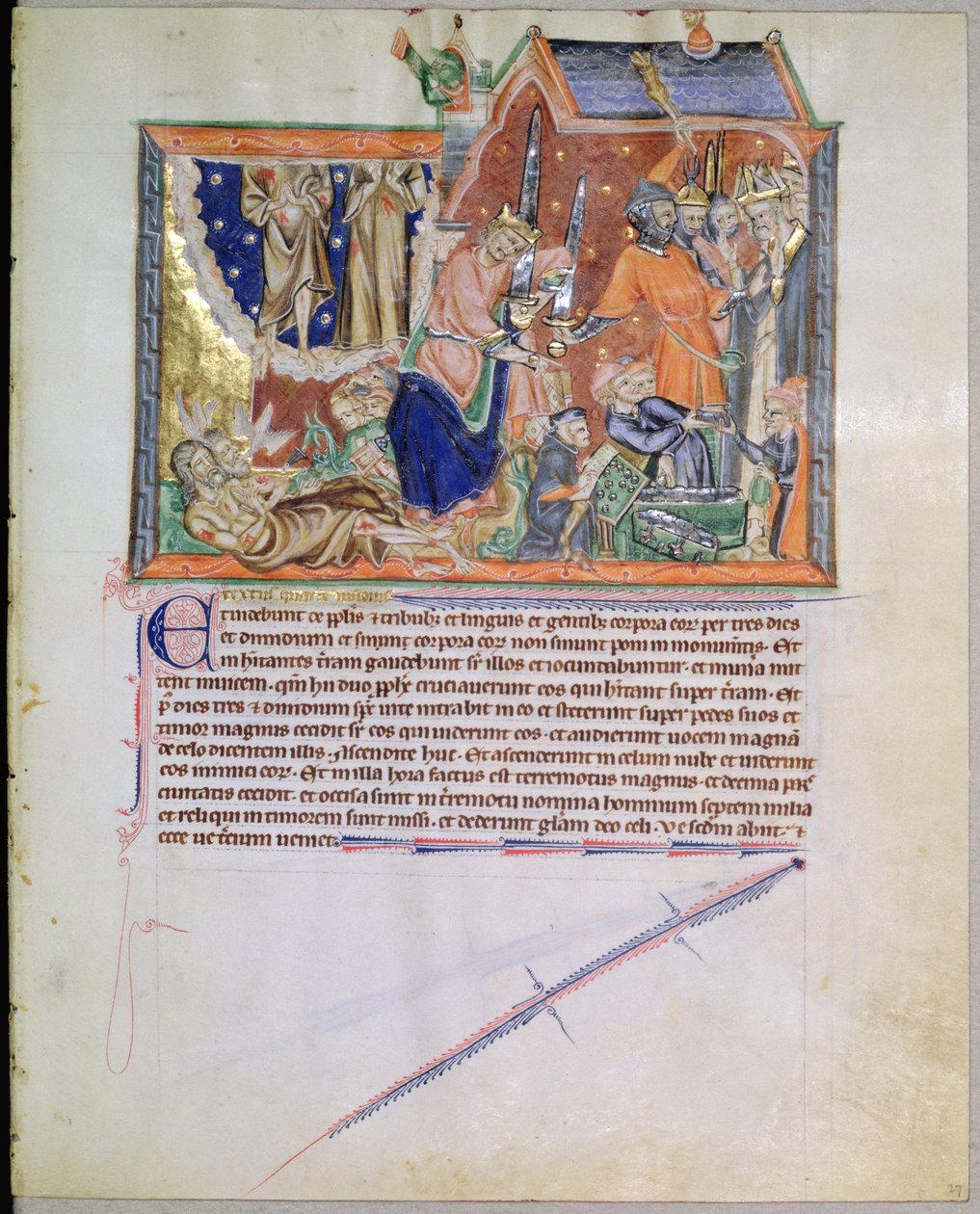 Ms L.A. 139-Lisboa fol.27 Svědci jsou ponecháni nepohřbeni a jejich duše stoupají do nebes, z Gulbenkianovy apokalypsy, kolem 1265-70 od English School