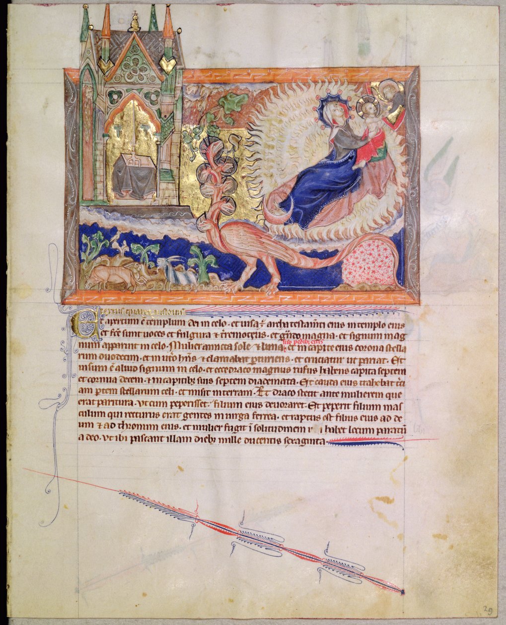 Paní L.A. 139-Lisboa fol.29 Bůh zachraňující chlapce před sežráním červeným drakem, z Gulbenkianské apokalypsy, kolem 1265-70 od English School