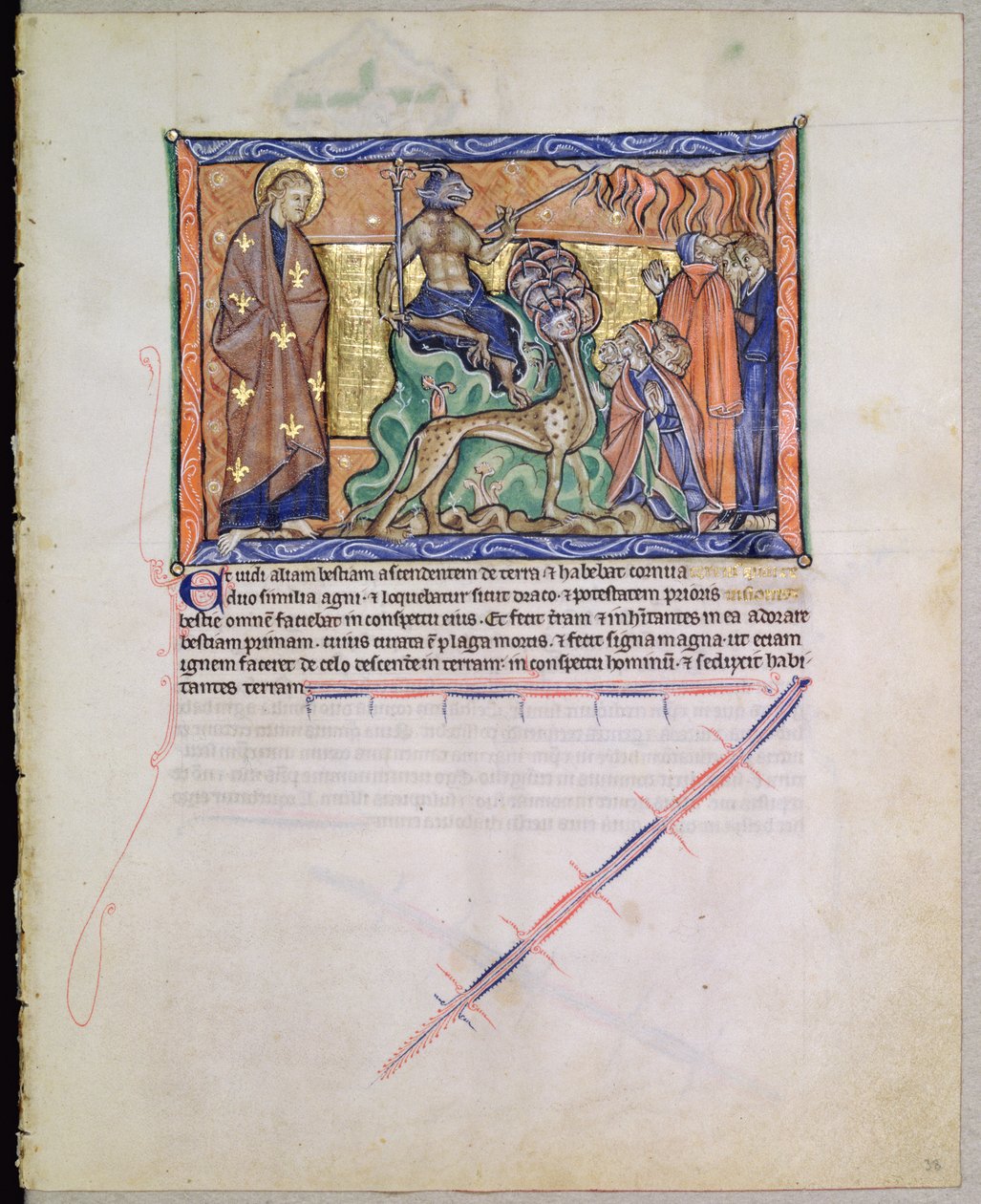 Paní L.A. 139-Lisboa fol.38 Svatý Jan Evangelista sleduje, jak šelma přináší oheň z nebes na zem, z Gulbenkianovy apokalypsy, kolem 1265-70 od English School