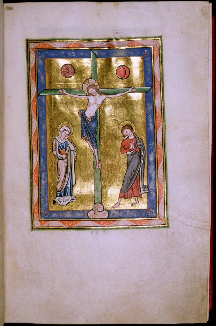 Ms.12.f12r Ukřižování s Pannou Marií a Svatým Janem, z Peterboroughského žaltáře, kolem roku 1260 od English School